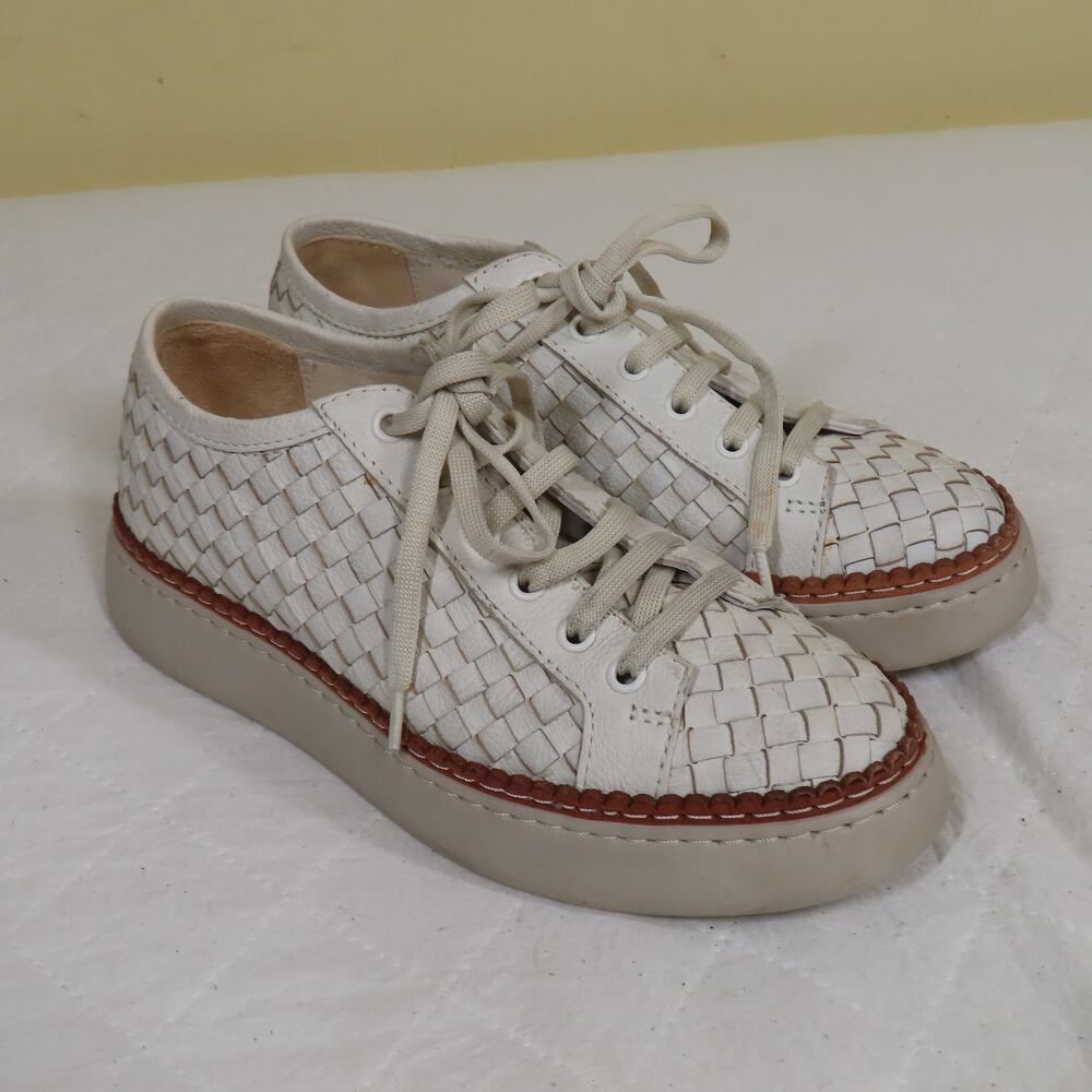 Nursace Woven Leather Lace-Up Platform Wedge Sneakers 37 -White/Oyste
